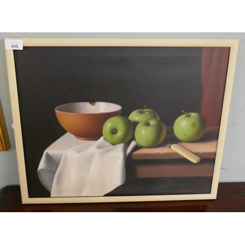406 - Oil on canvas still life by Christopher Cawthorn. Approx image size 50cm x 40cm