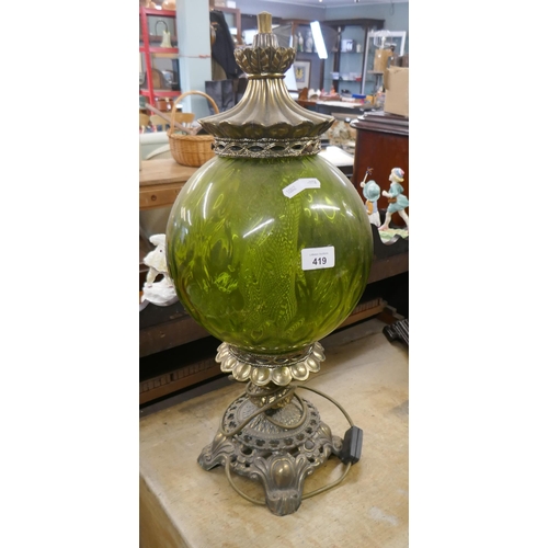 419 - Interesting green glass table lamp - Approx height 58cm