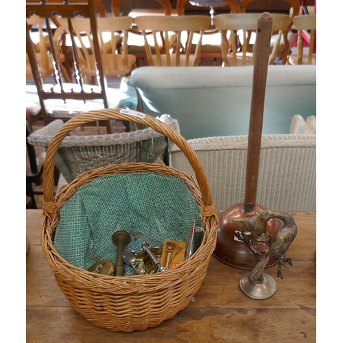 444 - Basket of metal ware to include washing dolly, cigar cutter etc