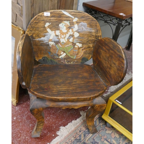 451 - Unusual rustic armchair with painted back panel 