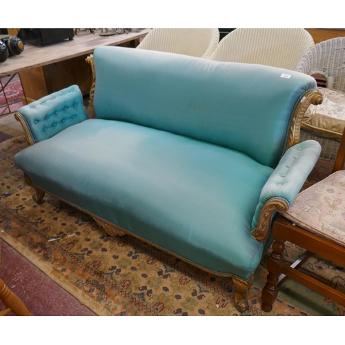 518 - Antique gilt framed salon sofa with turquoise upholstery 