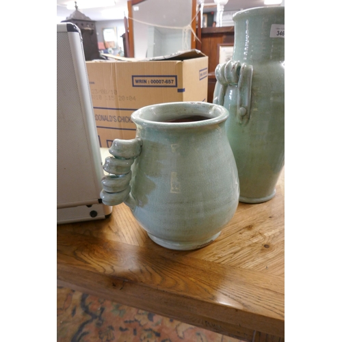 346 - 2 duck egg blue vases - Approx height of tallest 40cm