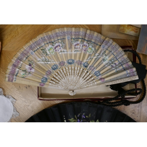352 - 2 antique fans and silk