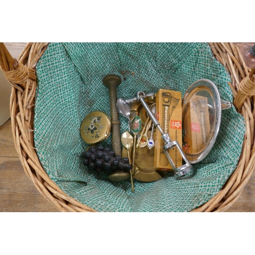 444 - Basket of metal ware to include washing dolly, cigar cutter etc