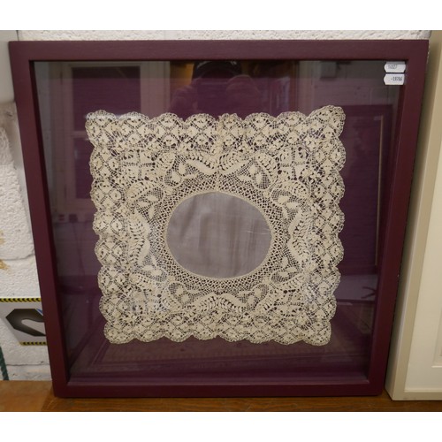 536 - 2 Oriental silk embroideries together with framed Victorian lace work
