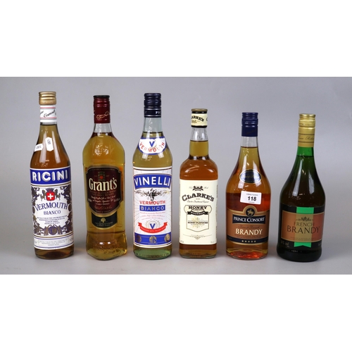 118 - Collection of spirits to include whisky, bourbon and brandy etc.