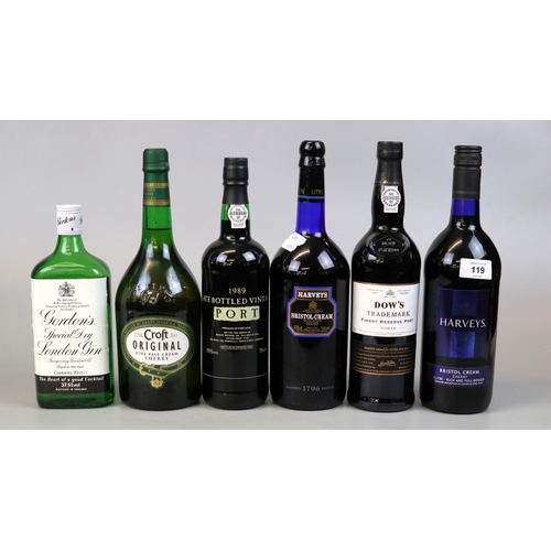 119 - Collection of port, sherry and gin