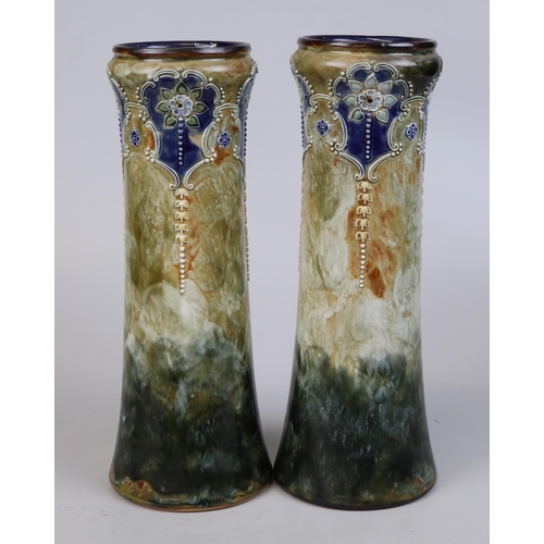 132 - Pair of Royal Doulton Lambeth vases by Louisa Wakely - Art Nouveau design - Approx height: 32cm