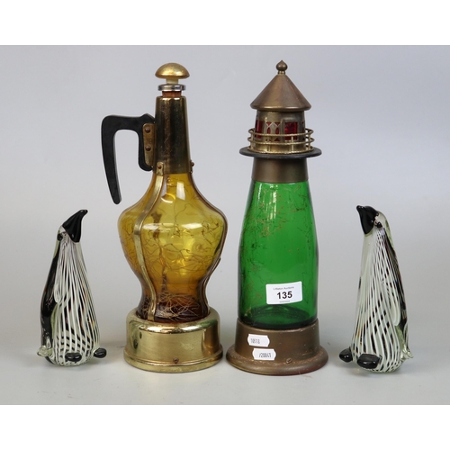 135 - Glass musical decanters together with 2 glass penguins