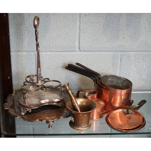 138 - Collection of metalware to include copper pans and silverplate