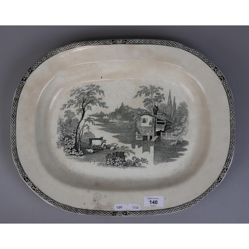 140 - Early Victorian Staffordshire English meat platter, black transfer printed on cream