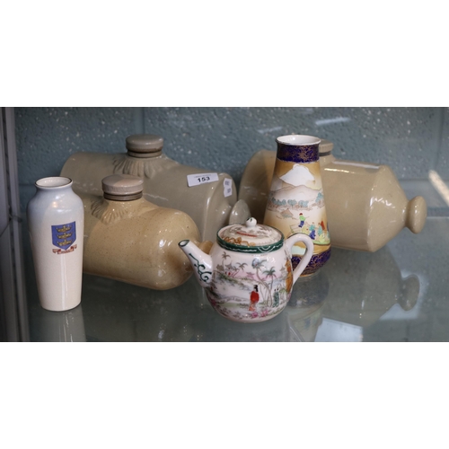 153 - Collection of ceramics to include small chinese teapot and bedwarmers etc