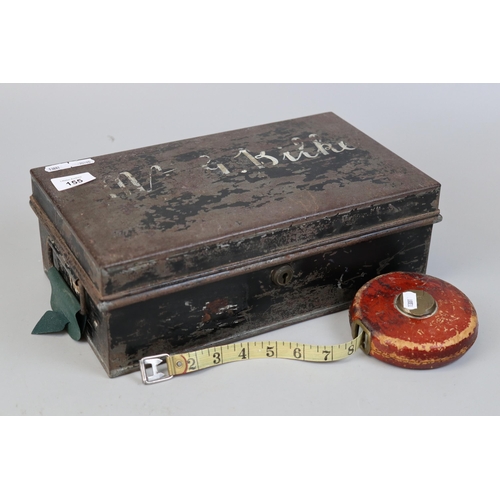 155 - Strong box together with vintage tape measure