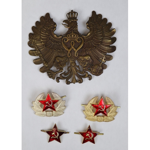 163 - Prussian helmet front plate together with 2 pairs of Soviet badges