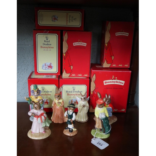 203 - 7 Bunnykins figurines in original boxes by Royal Doulton