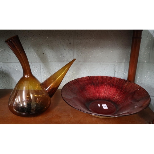 205 - Amber glass porron together with a glass bowl