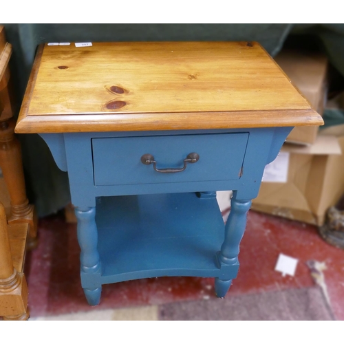 257 - Pine side table with blue painted base and drawer