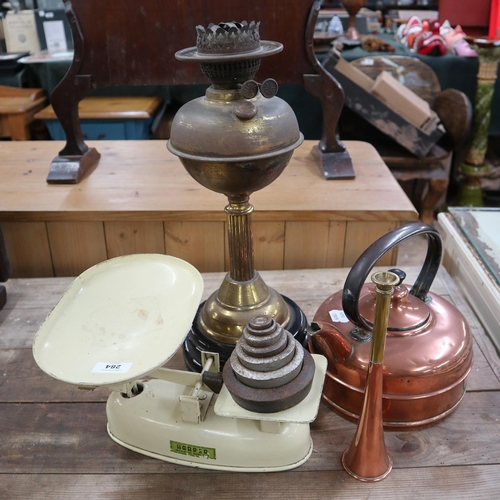 284 - Collection of brass and copper ware together with a set of scales