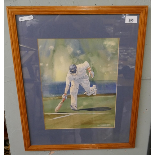 295 - Watercolour of a cricketer by Richard Wharey - Approx image size: 27cm x 35cm