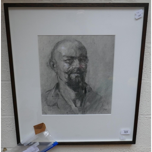 323 - Box framed and glazed self portrait of Michael Hyam b.1958 in charcoal signed - Approx 31cm x 27.5cm