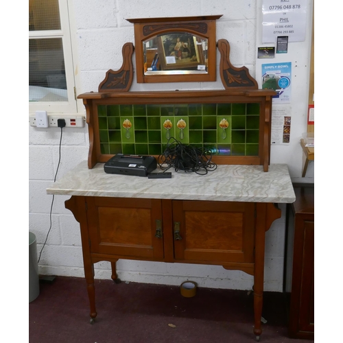 391 - Tile backed marble topped satin-wood washstand - Approx W: 118cm D: 510cm H: 1600cm