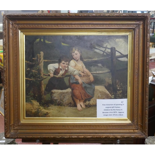 407 - Fine Victorian oil painting in original gilt frame - Children by the fence by H Beroner circa 1875 -... 