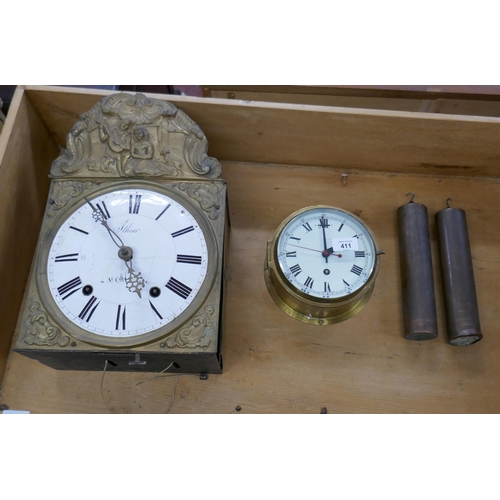 411 - Dutch hanging wallclock - missing pendulum together with a brass bulkhead clock