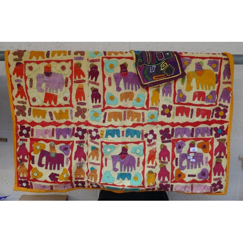 466 - Hand embroidered throw adorned with elephants together with another