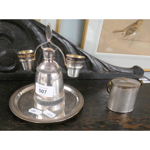 507 - Military campaign inkwell together with a silver plated Russian vodka set