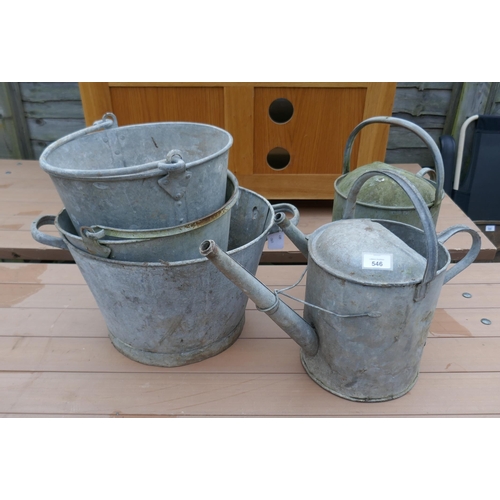 546 - 3 galvanized buckets together with 2 galvanized watering cans