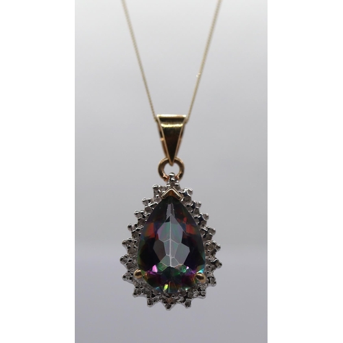 66 - 9ct gold teardrop pendent set with mystic topaz and diamonds on a 9ct gold chain