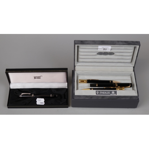 91 - Mont Blanc pen together with a Parker pen set with a 18ct gold nib