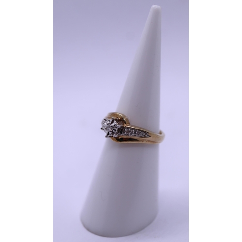13 - 9ct gold diamond solitaire ring with diamond encrusted shoulders - Size I