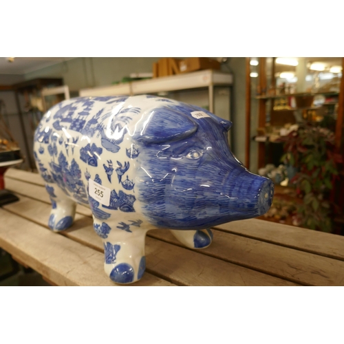 255 - Large blue & white ceramic piggy bank - Approx height: 23cm