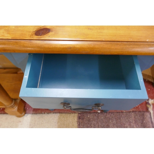 257 - Pine side table with blue painted base and drawer