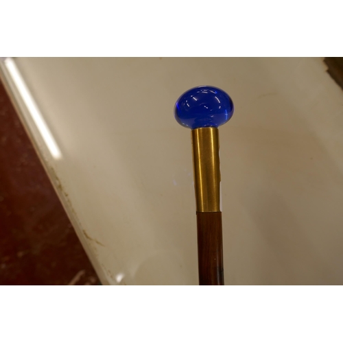 266 - Rare Victorian blue glass topped walking cane