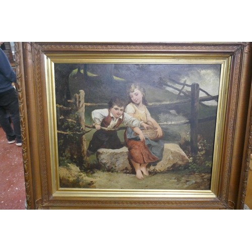 407 - Fine Victorian oil painting in original gilt frame - Children by the fence by H Beroner circa 1875 -... 