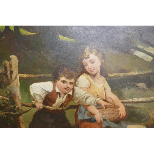 407 - Fine Victorian oil painting in original gilt frame - Children by the fence by H Beroner circa 1875 -... 