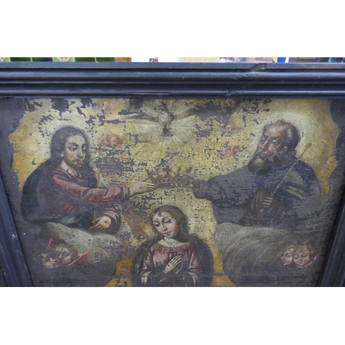 409 - Early ecclesiastical painting Madonna enthroned with saints, devotees and angels on canvas - Approx ... 