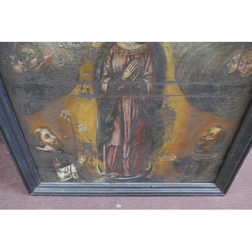 409 - Early ecclesiastical painting Madonna enthroned with saints, devotees and angels on canvas - Approx ... 