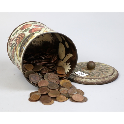 122 - Collection of coins in a vintage biscuit tin