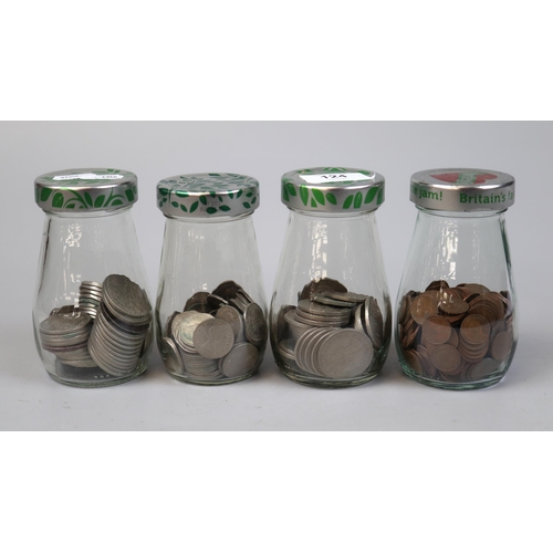 124 - 4 jars of coins to include GVI and QEII half crowns, pre decimal half pennies etc.