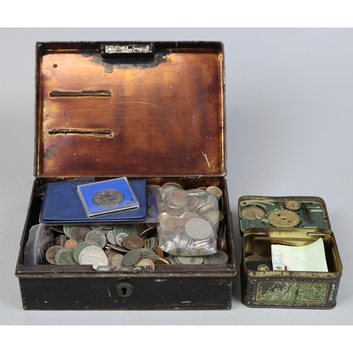 144 - Collection of coins in 2 tins to include hallmarked silver partridge in a pear tree medallion