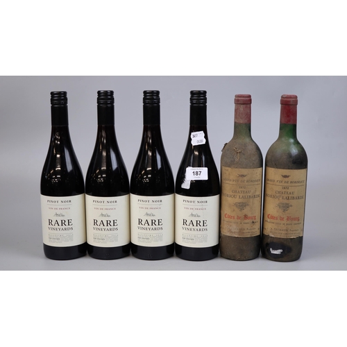 187 - 6 red wines to include 2 1972 Chateau Noriou Lalibarde