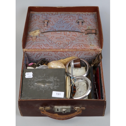 191 - Small leather suitcase and contents to include pewter, tobacco pipe etc.