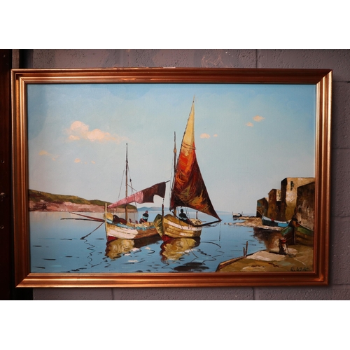 195 - Oil on canvas - Harbour scene - Approx image size: 90cm x 59cm