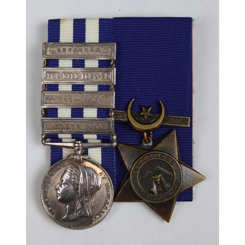 250 - 19th Hussars Egypt Medal 1882 with Khdive 1882, Private J Hughes, 4 bar medal incl Abu-Klea, VF, inc... 