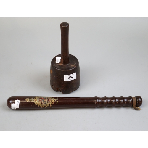 252 - Police truncheon dated 1916-1919 together with a stone masons mallet