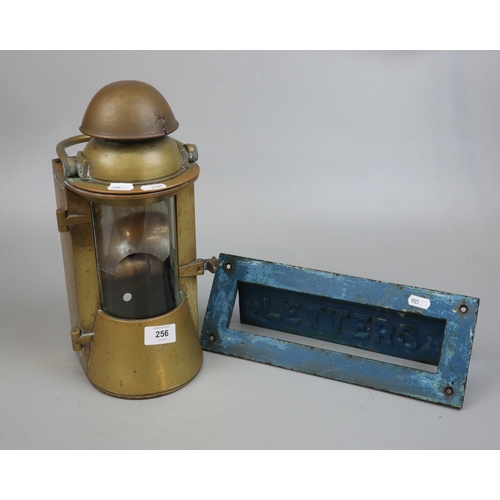 256 - Brass lamp together with a letterbox plate