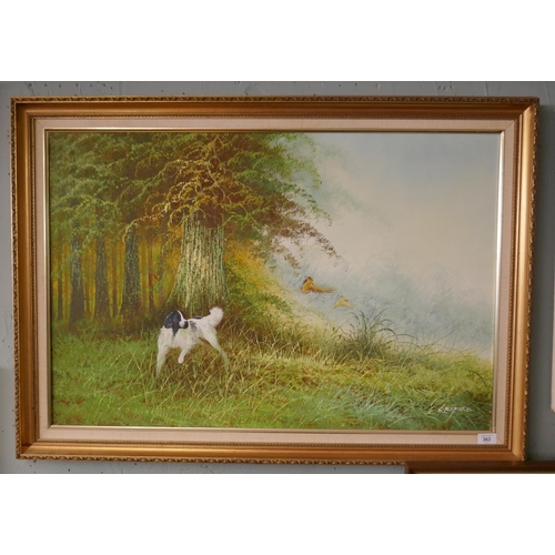 363 - Oil on canvas of hunting dog signed Elford - Approx image size: 90cm x 60cm